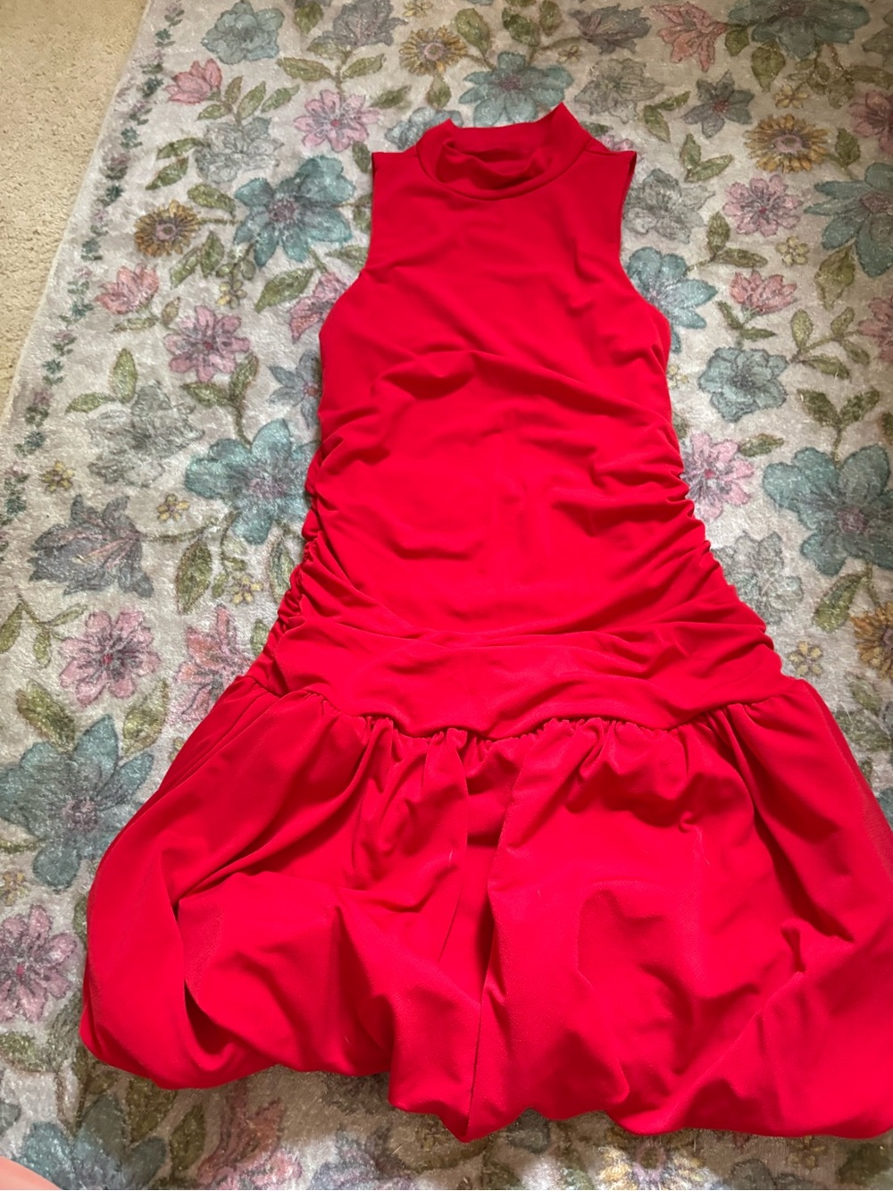Sleeveless Red Mock-Neck Mini Dress with Ruching